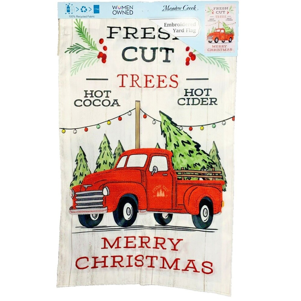 Red Truck Christmas Fresh Cut Trees Applique Embroidered Garden Flag 11.5"X18"
